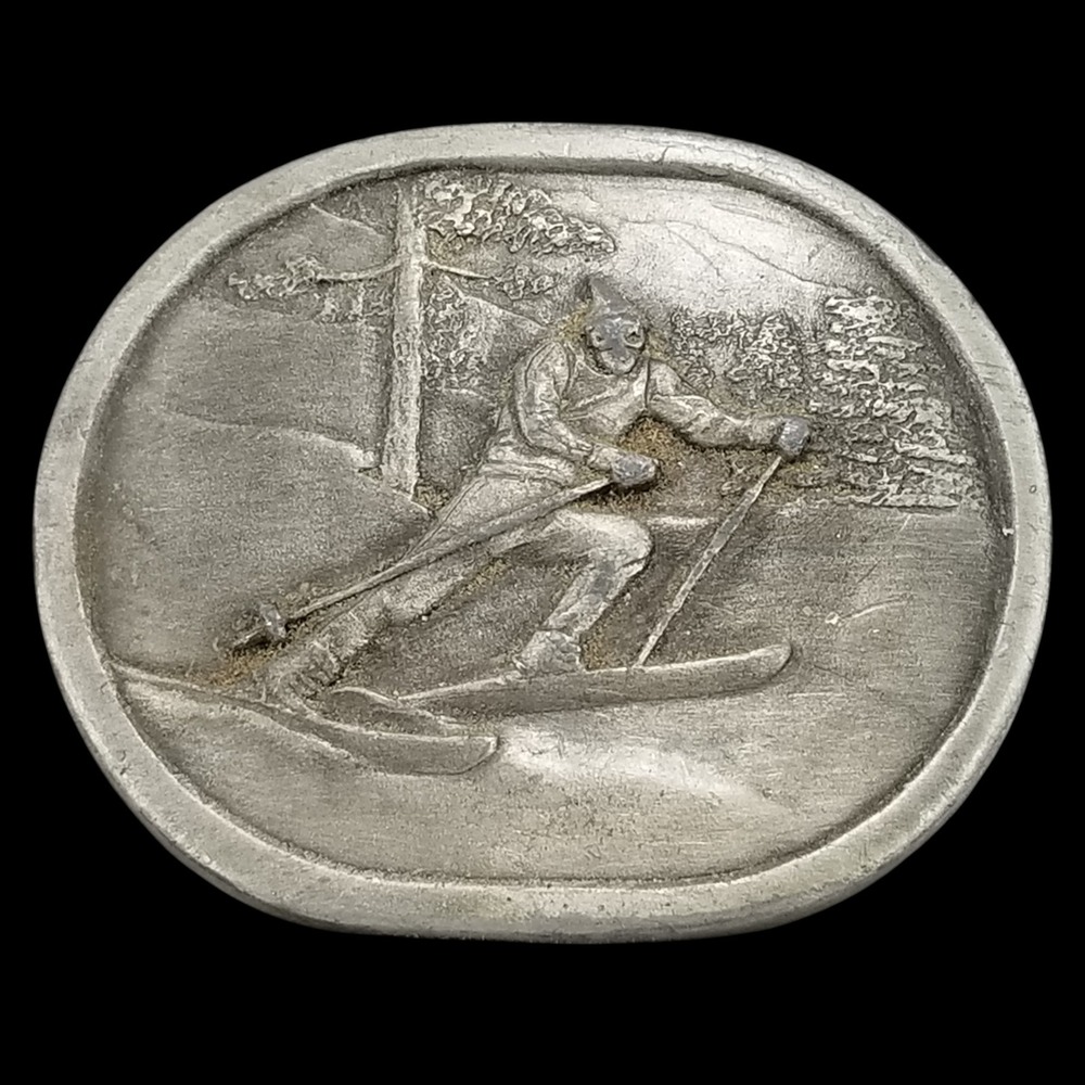Vintage Indiana Metal Craft 1977 Skier‎ Belt Buckle Fine Pewter USA Made